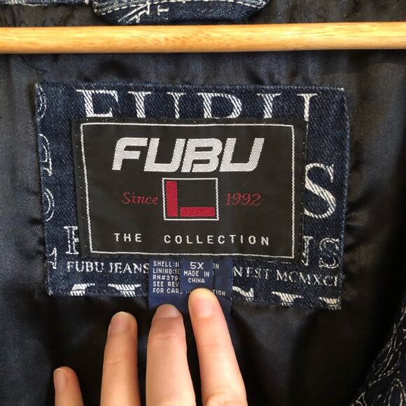 Vintage 90s FUBU Denim All Over Print MCMXCII Jeans Collection Jacket 5X - Picture 8 of 14